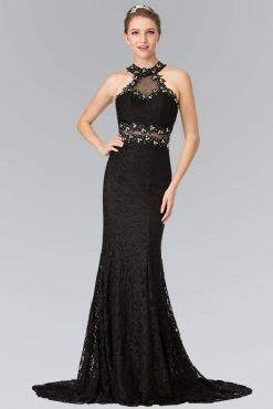 Formal Gowns Elizabeth K - GL2297 Beads Embellished High-Neck Lace Dress