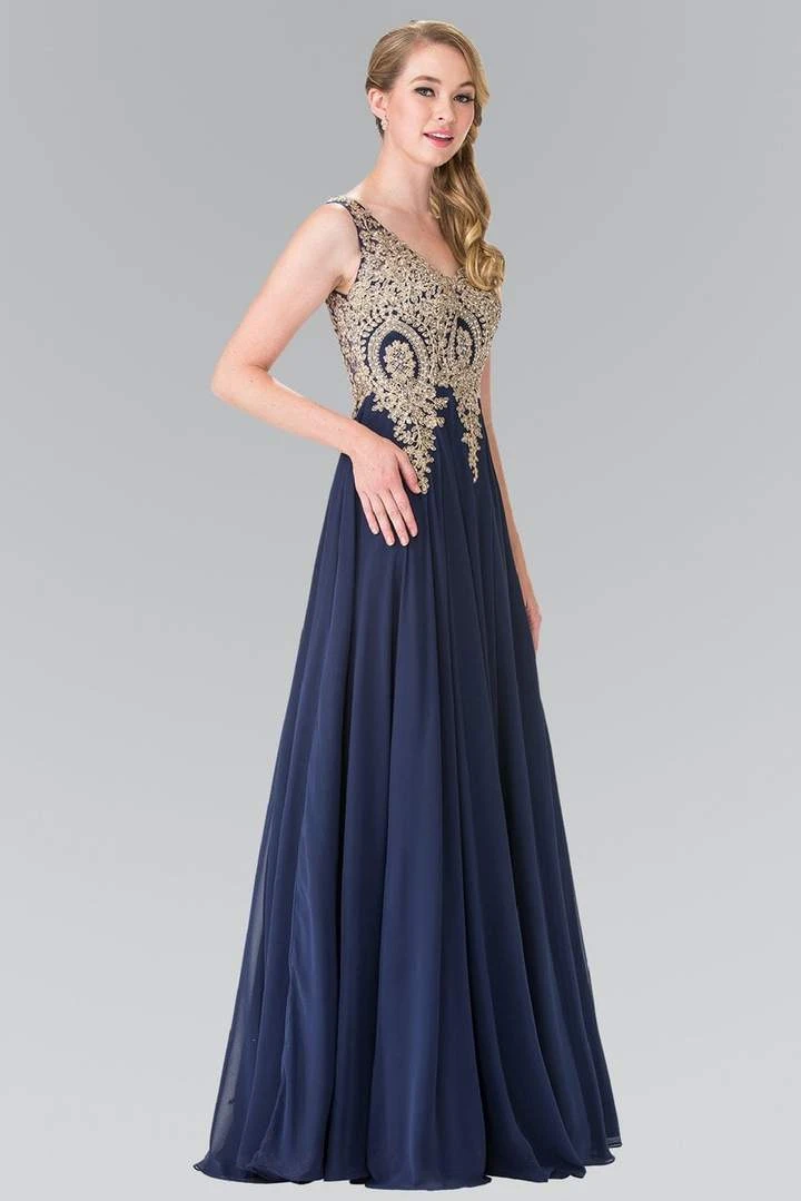 Elizabeth K - GL2311 Intricate Lace V-Neck A-Line Gown - 1 Pc Navy In Size L Available 6 Elizabeth K - GL2311 Intricate Lace V-Neck A-Line Gown - 1 Pc Navy In Size L Available