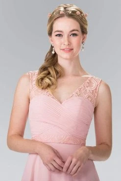 Elizabeth K - GL2363 Lace Embellished Pleated V-Neck Dress