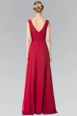 Elizabeth K - GL2363 Lace Embellished Pleated V-Neck Dress