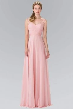 Elizabeth K - GL2363 Lace Embellished Pleated V-Neck Dress