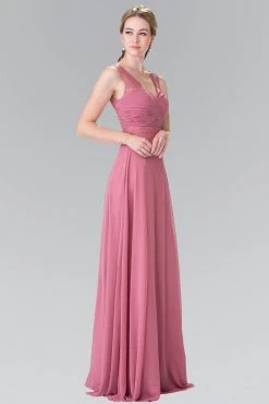 Elizabeth K - GL2363 Lace Embellished Pleated V-Neck Dress