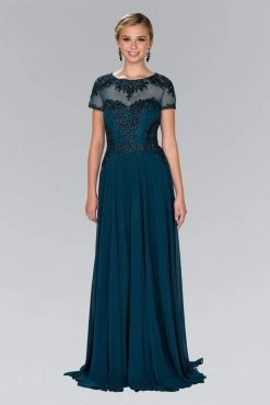 Elizabeth K - GL2406 Short Sleeve Illusion Lace Ornate Chiffon Gown Formal Gowns