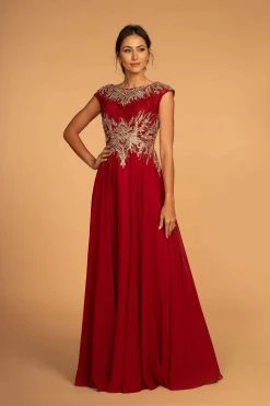 Elizabeth K - GL2519 Lace Embroidered Bateau Chiffon A-line Dress