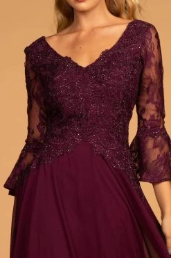 Formal Gowns Elizabeth K - GL2521 Embellished V-Neck Quarter Length Sleeves Gown