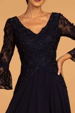 Formal Gowns Elizabeth K - GL2521 Embellished V-Neck Quarter Length Sleeves Gown