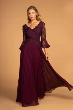 Formal Gowns Elizabeth K - GL2521 Embellished V-Neck Quarter Length Sleeves Gown
