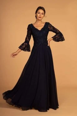Formal Gowns Elizabeth K - GL2521 Embellished V-Neck Quarter Length Sleeves Gown