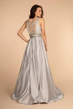Elizabeth K - GL2531 Sleeveless Sheer Lace Applique Back Satin Gown Formal Gowns
