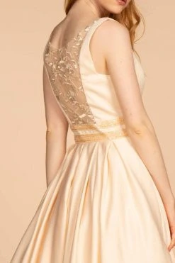 Elizabeth K - GL2531 Sleeveless Sheer Lace Applique Back Satin Gown Formal Gowns