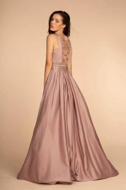 Elizabeth K - GL2531 Sleeveless Sheer Lace Applique Back Satin Gown Formal Gowns