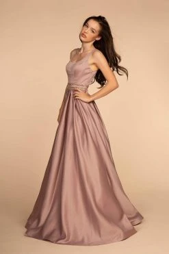 Elizabeth K - GL2531 Sleeveless Sheer Lace Applique Back Satin Gown Formal Gowns