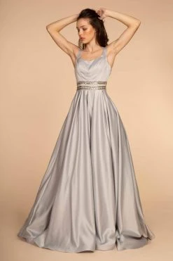 Elizabeth K - GL2531 Sleeveless Sheer Lace Applique Back Satin Gown Formal Gowns