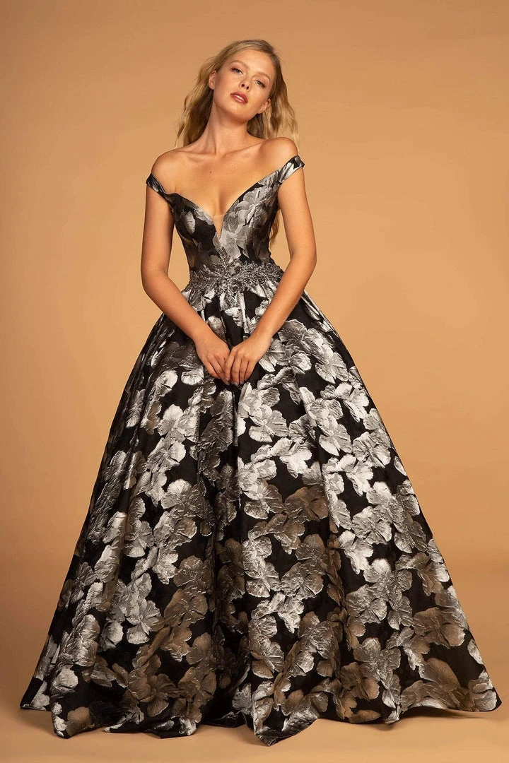 Formal Gowns Elizabeth K - GL2545 Embellished Floral Print Deep V-neck Ballgown 3 Formal Gowns Elizabeth K - GL2545 Embellished Floral Print Deep V-neck Ballgown