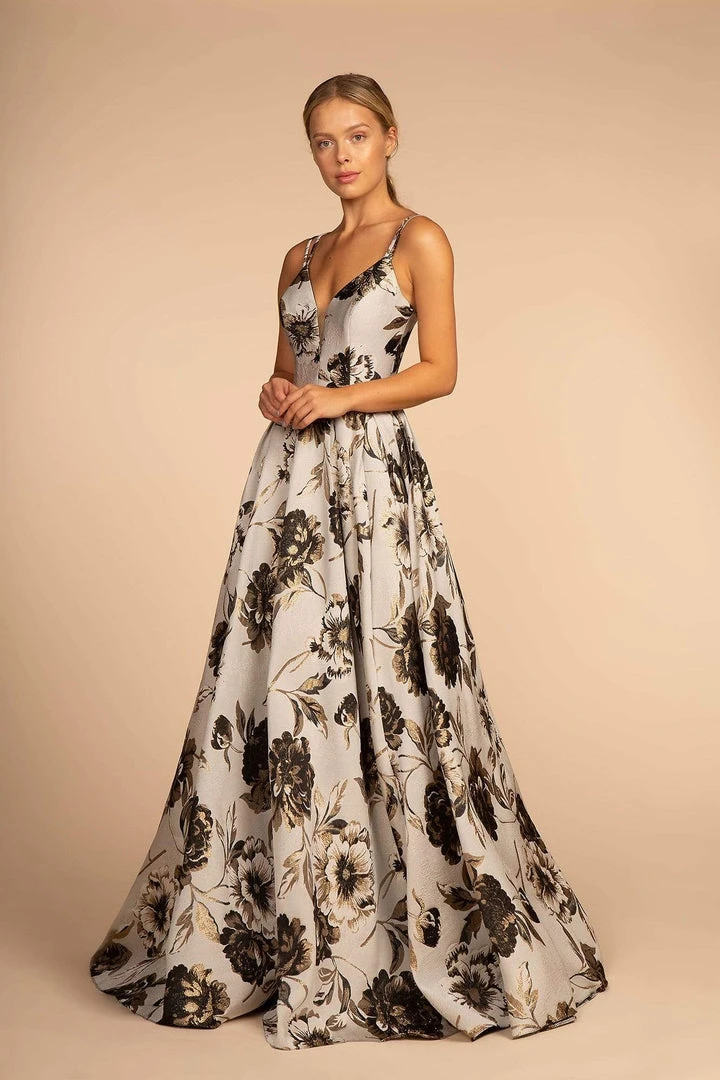 Formal Gowns Elizabeth K - GL2657 Floral Print Deep V-neck A-line Dress 3 Formal Gowns Elizabeth K - GL2657 Floral Print Deep V-neck A-line Dress