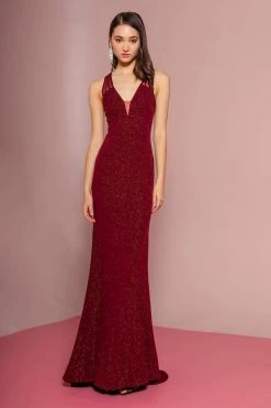 Formal Gowns Elizabeth K - GL2704 Glitter Crepe Deep V-neck Trumpet Dress