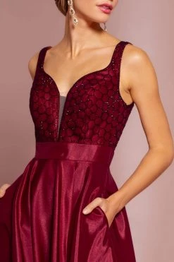 Formal Gowns Elizabeth K - GL2705 Embellished Deep V-neck Satin A-line Dress 12 Formal Gowns Elizabeth K - GL2705 Embellished Deep V-neck Satin A-line Dress