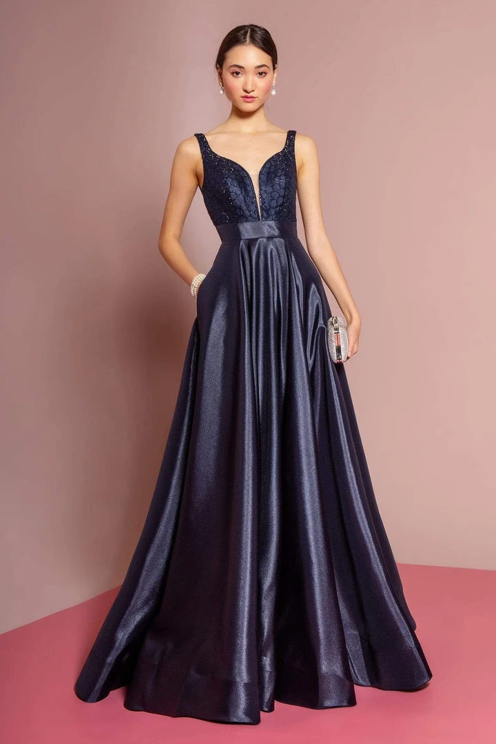 Formal Gowns Elizabeth K - GL2705 Embellished Deep V-neck Satin A-line Dress 7 Formal Gowns Elizabeth K - GL2705 Embellished Deep V-neck Satin A-line Dress