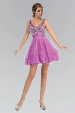 Elizabeth K - GS1126 Floral Applique V-Neck Tulle Dress Cocktail Dresses