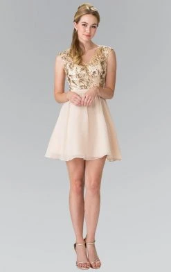 Elizabeth K - GS1430 Sequined V-Neck Chiffon A-Line Dress Cocktail Dresses