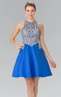 Cocktail Dresses Elizabeth K - GS1442 Embellished High Neck Lace A-Line Dress