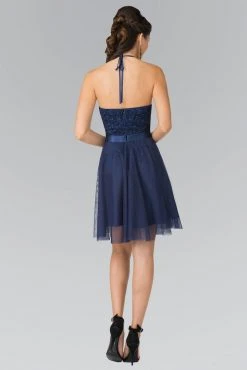 Elizabeth K - GS1465 Embroidered Halter Neck A-line Dress Cocktail Dresses