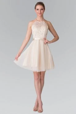 Elizabeth K - GS1465 Embroidered Halter Neck A-line Dress Cocktail Dresses