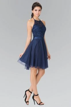 Elizabeth K - GS1465 Embroidered Halter Neck A-line Dress Cocktail Dresses