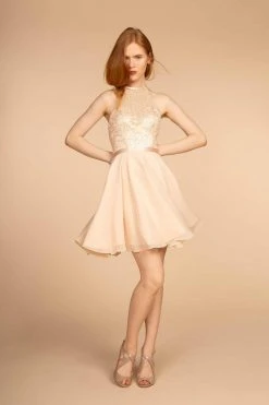 Elizabeth K - GS1621 Illusion Halter Jewel Ornate A-Line Dress Cocktail Dresses