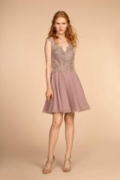 Elizabeth K - GS1622 Embroidered V-neck Chiffon A-line Dress Cocktail Dresses