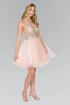 Cocktail Dresses Elizabeth K - GS2382 Gold Applique Halter V-neck Tulle A-line Dress