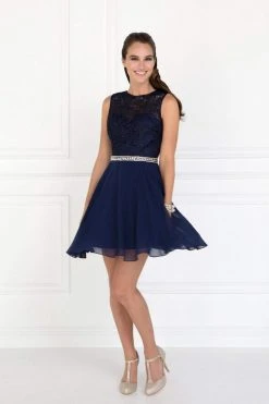 Elizabeth K - GS2410 Diamond Cutout Back Lace Chiffon Cocktail Dress Cocktail Dresses