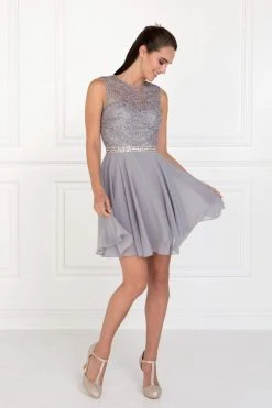 Elizabeth K - GS2410 Diamond Cutout Back Lace Chiffon Cocktail Dress Cocktail Dresses