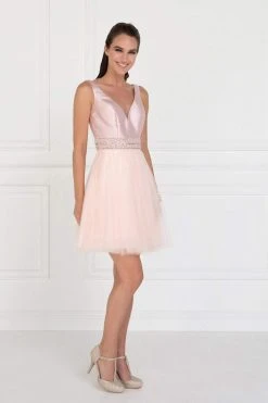 Cocktail Dresses Elizabeth K - GS2413 Satin V-neck Jeweled Mesh A-line Dress