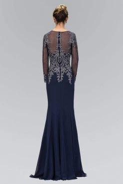 Elizabeth K Illusion Long Sleeve Metallic Lace Gown - 1 Pc Navy In Size L Available