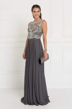 Elizabeth K Jeweled Illusion Bateau Chiffon A-line Gown GL1565 - 1 Pc Charcoal In Size L Available