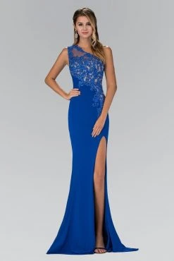 Elizabeth K Laced Asymmetrical Neck Gown GL2066 Formal Gowns