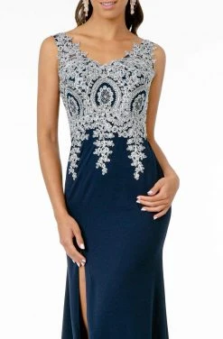 Elizabeth K - Metallic Lace Appliqued Bodice Dress GL1839 - 1 Pc Navy/Silver In Size L Available 8 Elizabeth K - Metallic Lace Appliqued Bodice Dress GL1839 - 1 Pc Navy/Silver In Size L Available