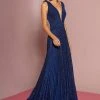Formal Gowns Elizabeth K - Pleated Deep V-Neck A-line Dress GL2687 - 1 Pc Navy In Size S Available