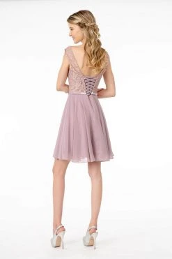 Elizabeth K - Sleeveless Lace Chiffon Dress GS2807 - 1 Pc Mauve In Size L Available Cocktail Dresses