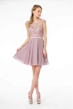 Elizabeth K - Sleeveless Lace Chiffon Dress GS2807 - 1 Pc Mauve In Size L Available Cocktail Dresses