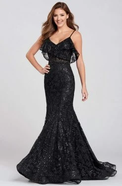 Formal Gowns Ellie Wilde - EW120082 Sequin Embellished Ruffled V-Neck Dress