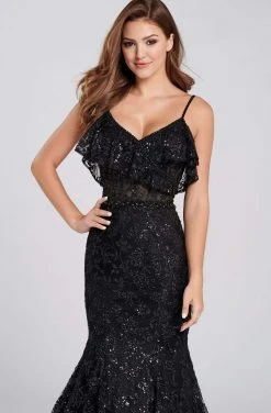 Formal Gowns Ellie Wilde - EW120082 Sequin Embellished Ruffled V-Neck Dress