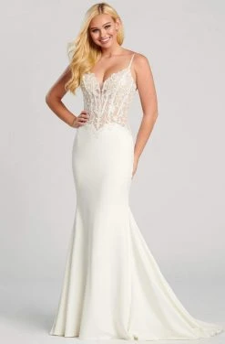Ellie Wilde - EW120084 V Neck Embroidered Corset Bodice Jersey Gown