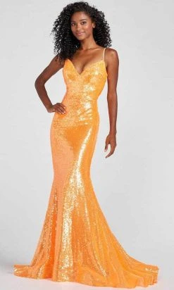 Ellie Wilde - EW122031 Fully Sequined Sleeveless Long Gown - 1 Pc Orange In Size 6 Available