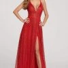 Ellie Wilde - Sleeveless Glitter Tulle Deep V Neck Prom Gown EW119001 - 1 Pc Red In Size 2 Available Formal Gowns