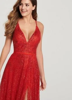 Ellie Wilde - Sleeveless Glitter Tulle Deep V Neck Prom Gown EW119001 - 1 Pc Red In Size 2 Available Formal Gowns