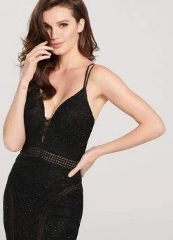 Formal Gowns Ellie Wilde - Strappy Illusion Cutout Trimmed Evening Dress EW119143 - 1 Pc Black In Size 2 Available