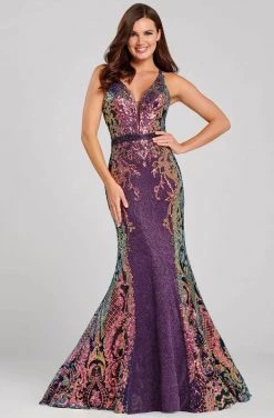 Ellie Wilde - V-Neck Cutout Back Evening Gown EW120073 - 1 Pc Purple/Multi In Size 8 Available
