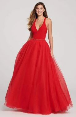 Ellie Wilde - V-Neck Racerback Glitter Tulle Ballgown EW119090 - 1 Pc Hot Pink In Size 2 Available Formal Gowns